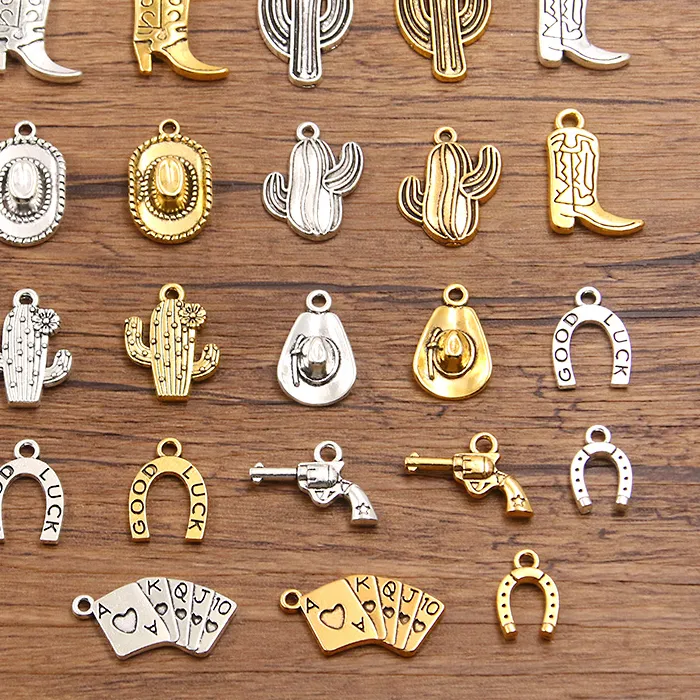 Authentic 20Pcs Mix Style Zinc Cowboy Pendant Cactus Boots Hat Gun Horse's Hoof Charm Jewelry Making DIY Handmade Craft