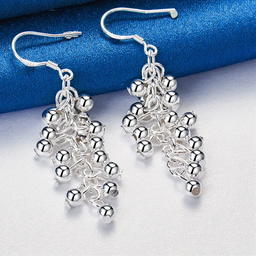 Authentic A Pair Of 925 Sterling Silver Sparkling Grape Round Bead Pendant Earrings 'S Fashionable Jewelry Accessories