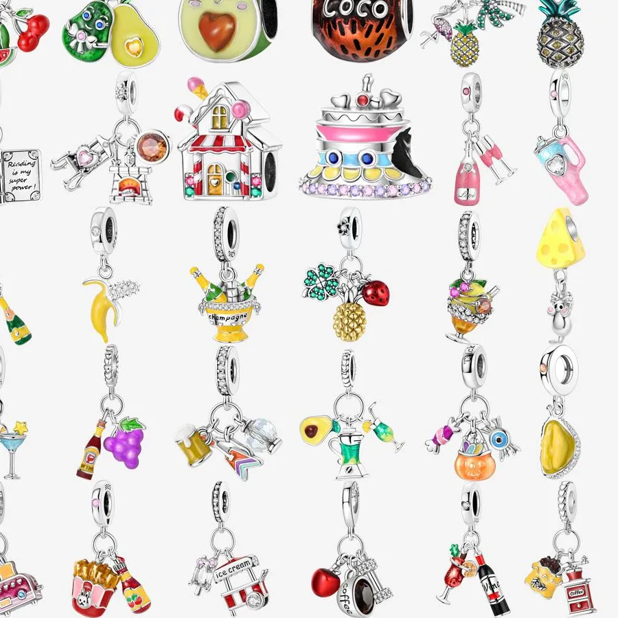 Authentic Tropical Fruit Cocktail Pineapple Grape Soda 925 Sterling Silver Dangle Charms Fit Original Bracelet Beads Jewelry DIY