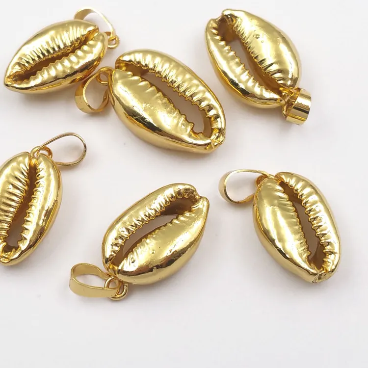 Authentic Wt- P370 Natural Real Full Gold Color Sea Shell Cowrie Pendants Silver Electroplated Jewelry Make