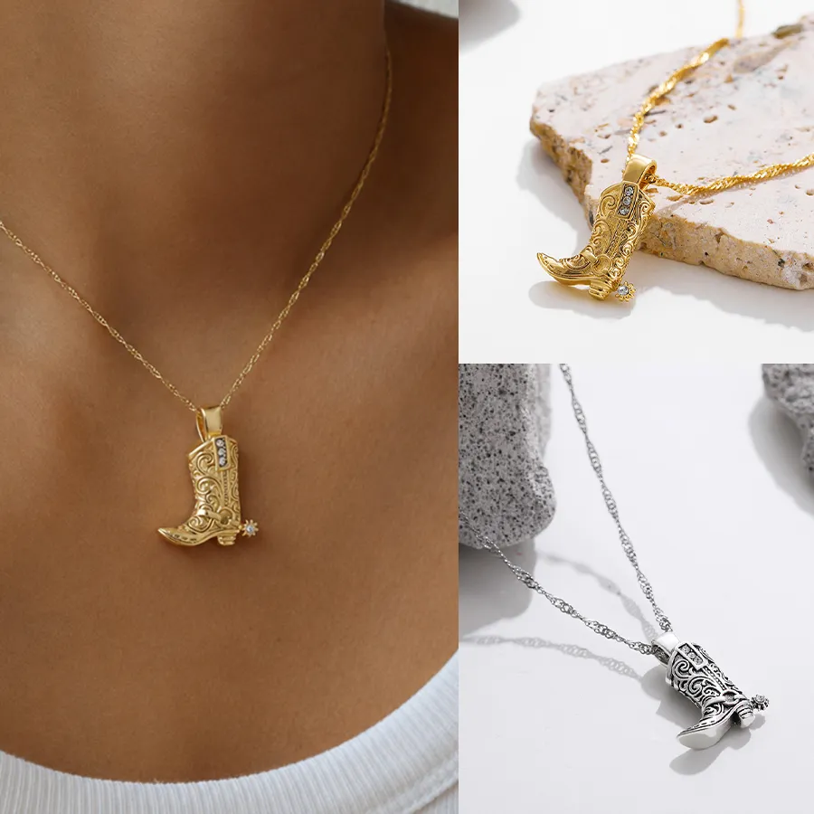 Authentic Western Cowboy Boot Pendant Necklace Gold Color Western Cowgirl Charm Necklace Vintage Boho Jewelry for Women Girls