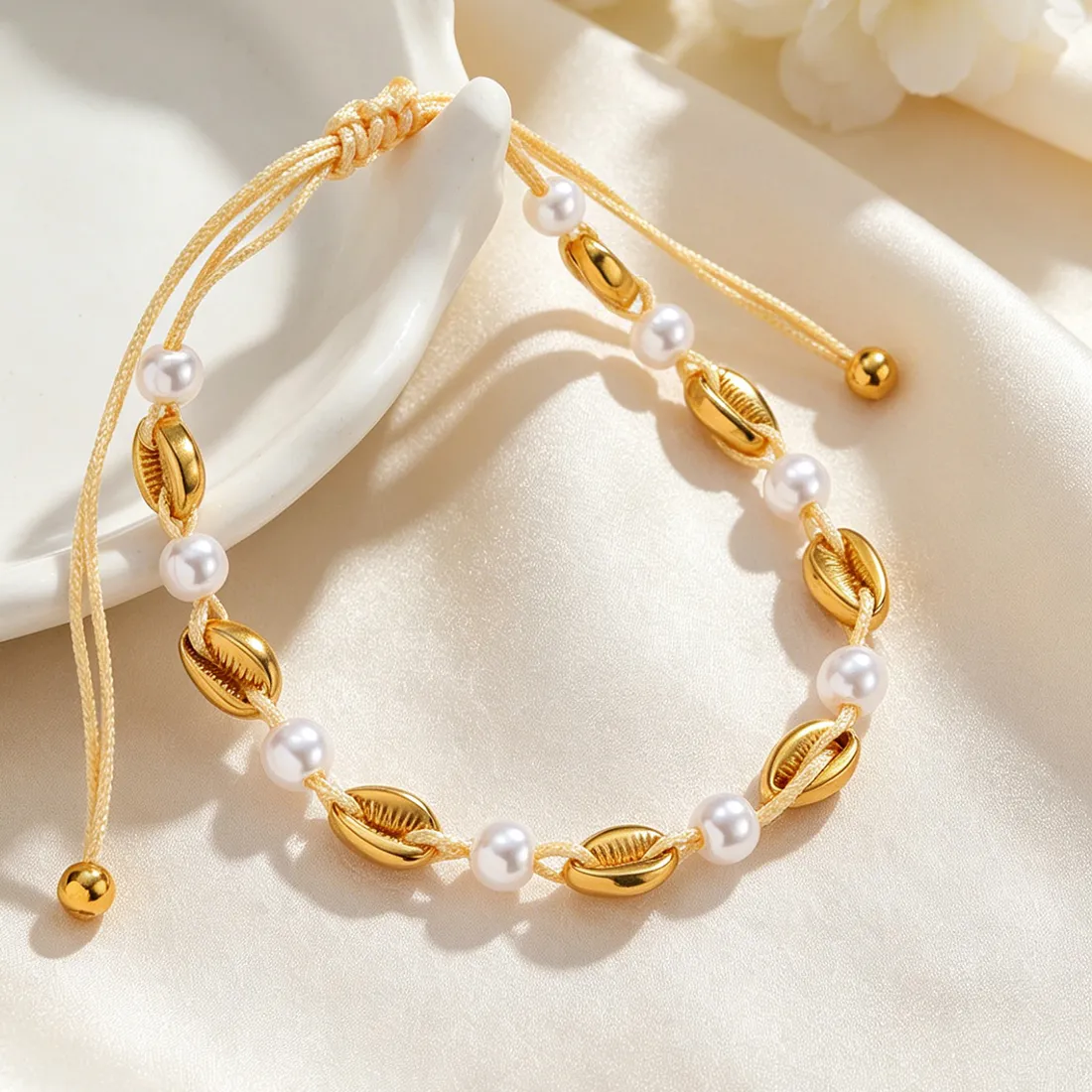 Authentic Celestial Shellwoven Amulet: Gold‑Plated Cowrie & Pearl Braided Bracelet of Summer Moonlight