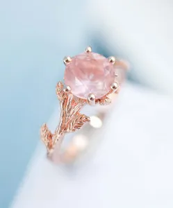 Authentic Enchanted Rose Quartz Leaf Ring - Gold-Plated Sacred Whispering Heart Wedding Band with Eternal Love Protection