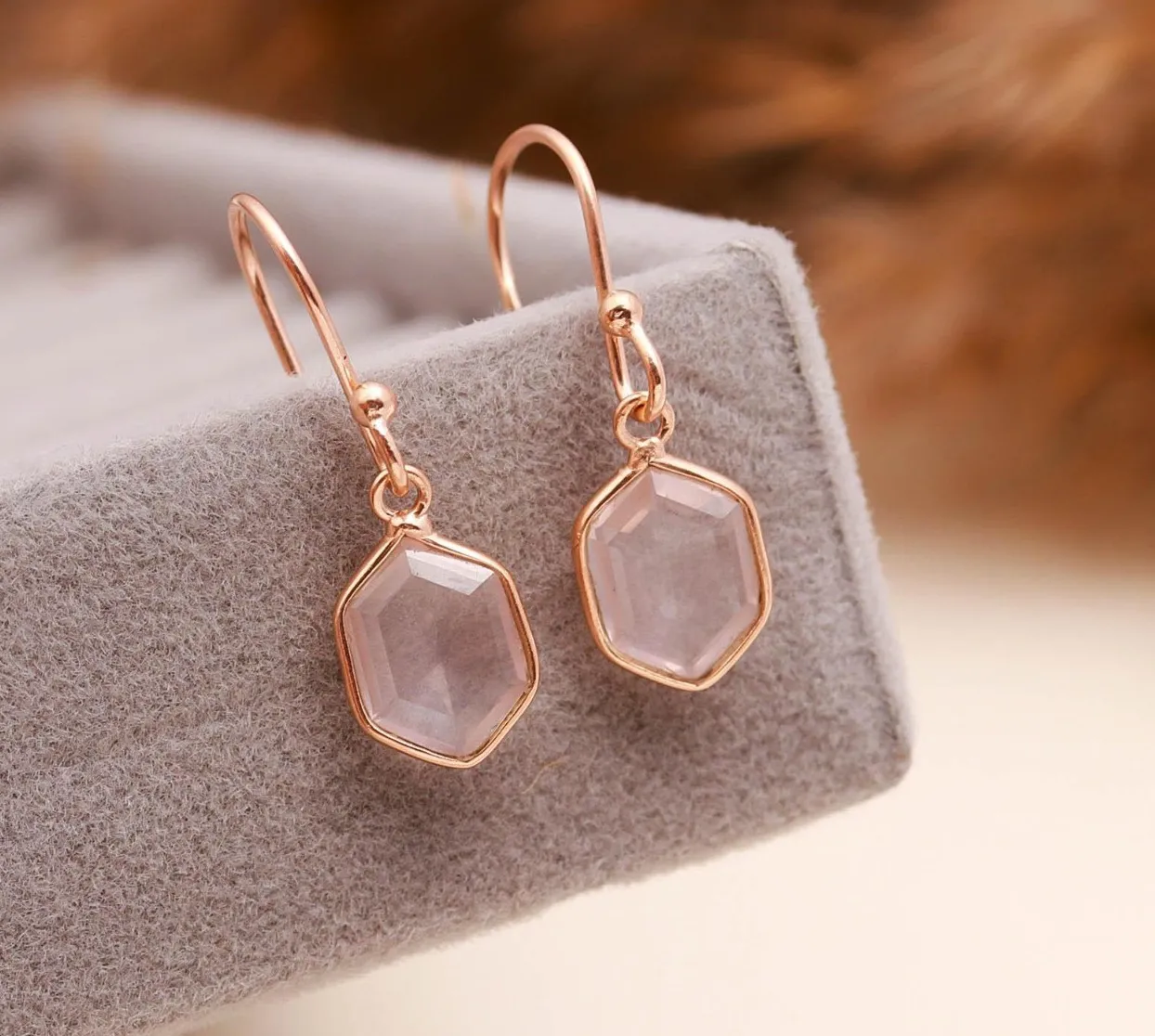 Authentic Natural Rose Quartz Hexagon Dangle Earring Rose Gold Plated Solid Silver Jewelry