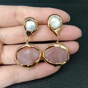 Authentic Natural Rose Quartz Cultured White Pearl Gold Plated Stud Earrings