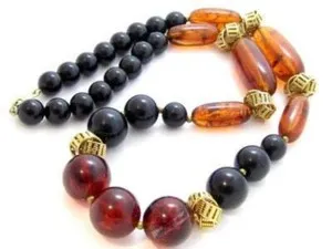Authentic Vintage Signed Dauplaise Patented Faux Amber Gold Plated Black Bead Necklace