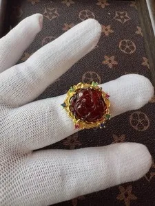 Authentic Adjustable Natural Blood Amber Carved Rose Gold Plated Statement Cocktail Ring
