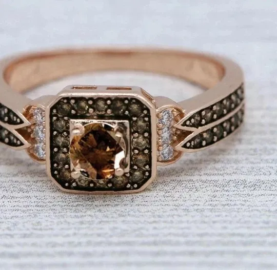 Authentic 2Ct Round Lab Created Smokey Quartz Engagement Wedding Ring 14K Rose Gold Plated