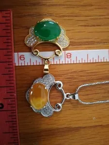 Authentic Crystal Guardians of Wellness: 2 Gold Plated Jade Pendants Necklace