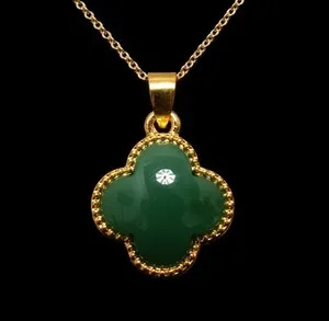Authentic Jadeite Jade Gold Plated Wife Women Flower Necklace Jewelry HB410