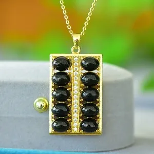 Authentic Natural Hetian Black Green Jade Abacus Pendant Gold Plated Inlay Lucky