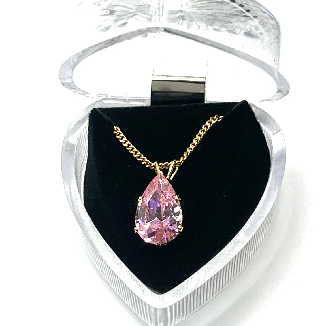 Authentic Necklace Pendant 18" Gold Plated Pink Rose Quartz Prong Set Vintage NEW In Box