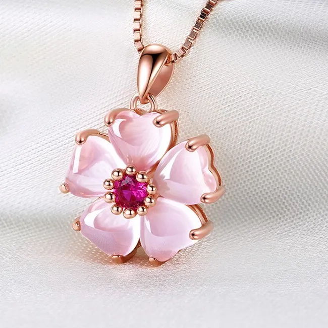 Authentic 18k Rose Gold Plated Peach Blossom Rose Quartz Pendant Necklace