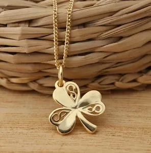 Authentic Yellow Gold Plated on 925 Sterling Silver Shamrock Clover Lucky Pendant Necklace