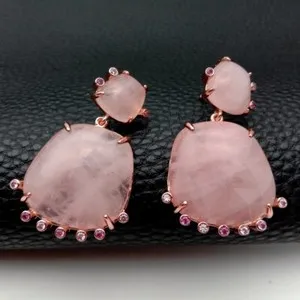 Authentic Genuine Rose Quartz Earrings Rose Gold Plated Cz Crystal Unique Earrings