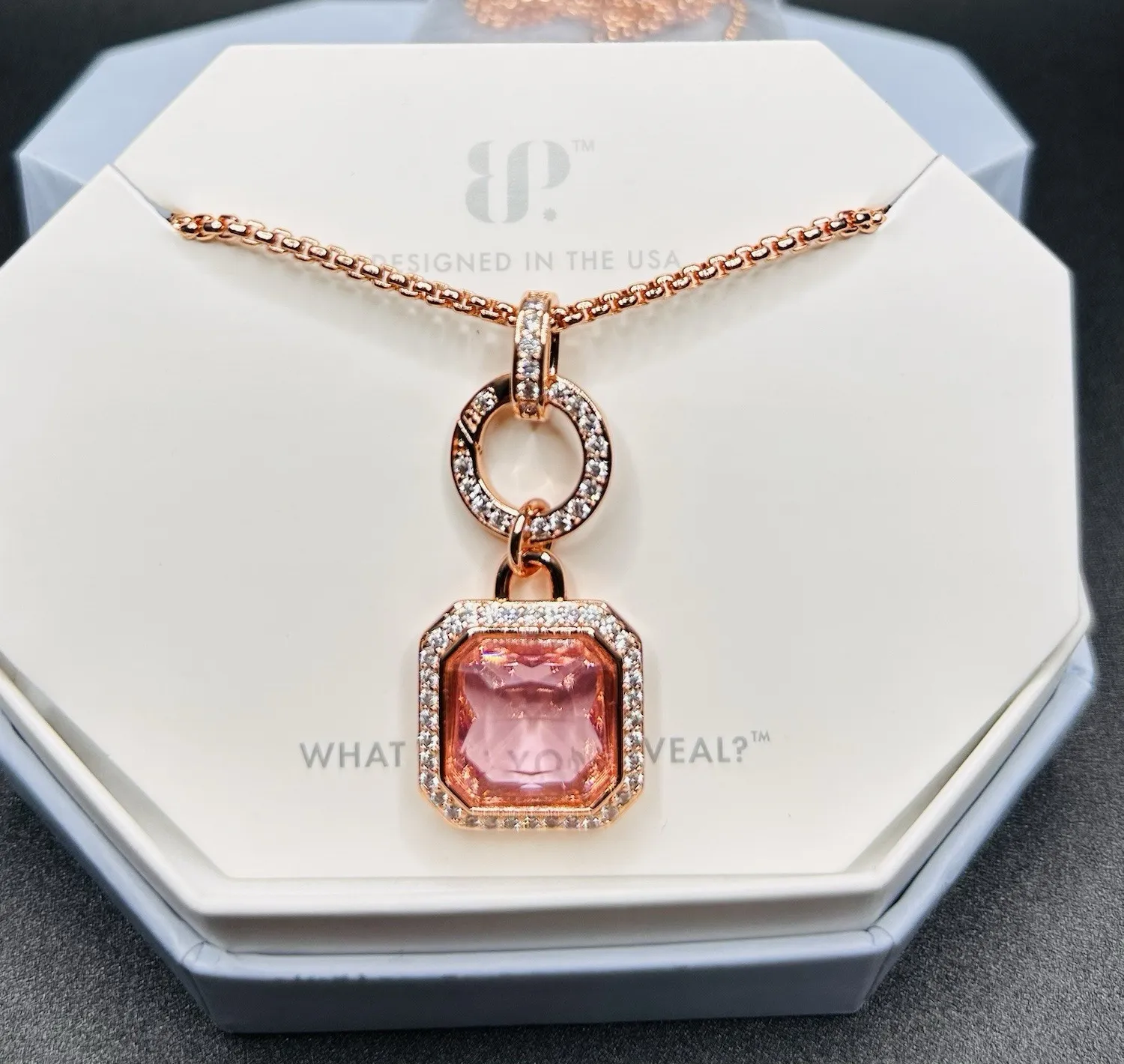 Authentic Bomb Party Necklace NK77955 “Statement Sparkle” LC Rose Quartz Rose Gold Plated