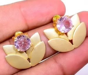 Authentic Leaf Style Rose Quartz Gold Plated Brass Stud Earring 0.78" E6147-1