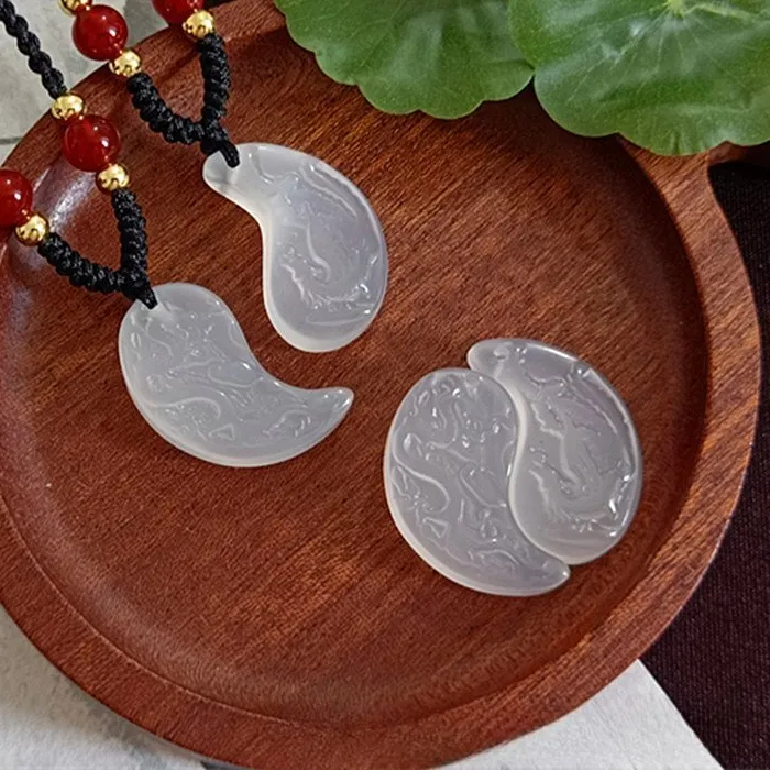 Authentic Natural high ice chalcedony dragon and phoenix pendant for male and female couples a pair of necklaces white agate jade