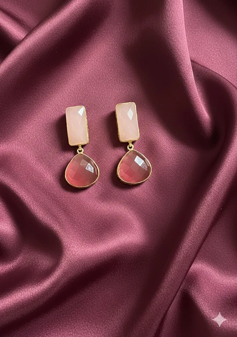 Authentic Boho Pink Rose Quartz & Teardrop Chalcedony Drop Earrings – Gold Plated Jewelry