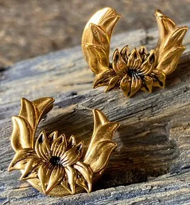 Authentic PAIR Gold Plated Lotus Flower Saddle Ear Spreader Surgical Tunnel Plug