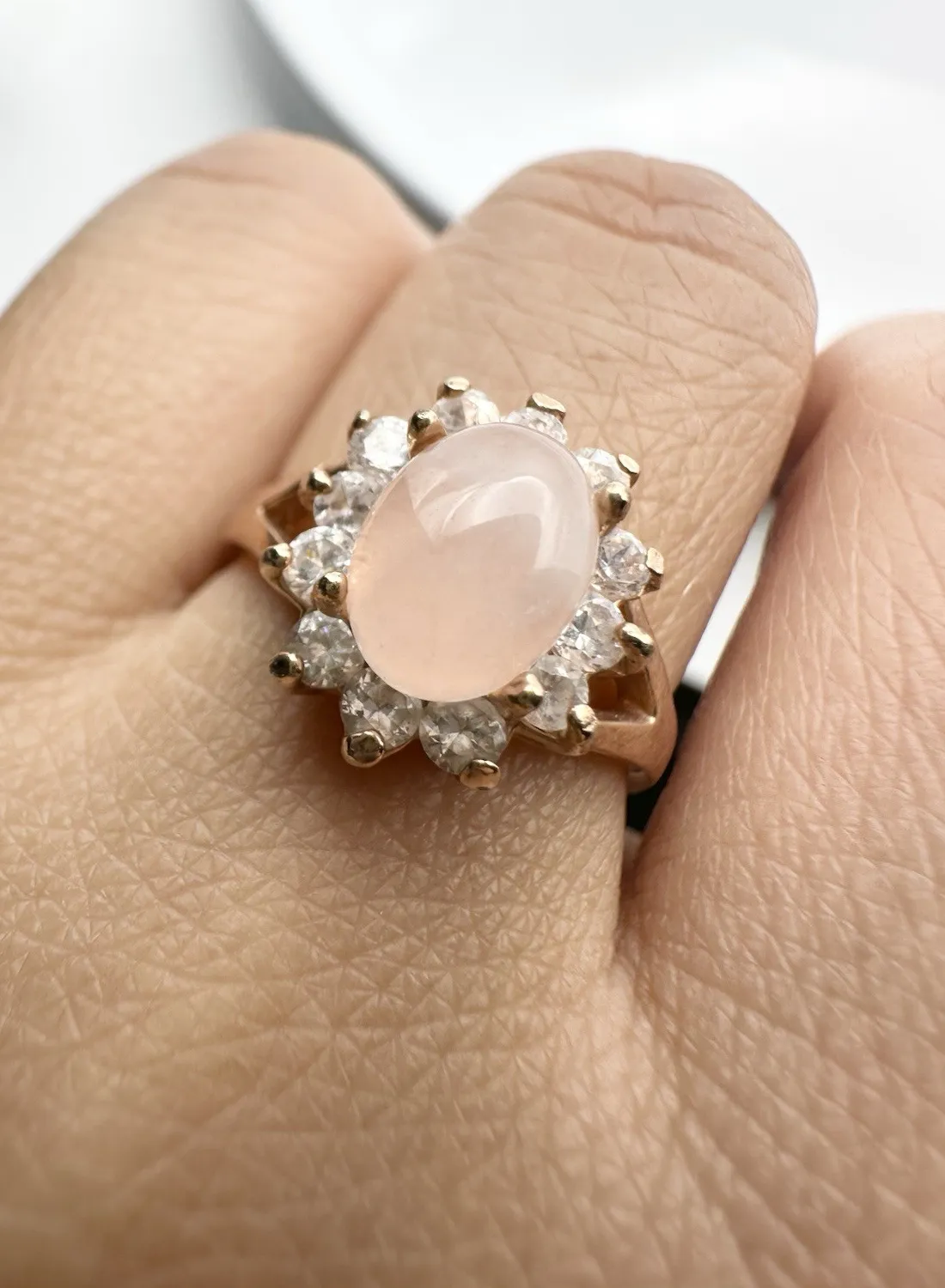 Authentic 18k Gold Plated Natural Rose Quartz Rhinestone Ring Size 5.5
