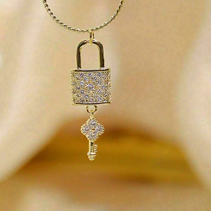 Authentic Round Cut Simulated Diamond Stunning Lock And Key Pendant 14K Yellow Gold Plated