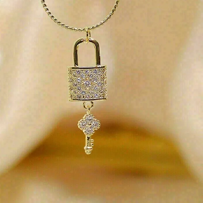 Authentic Round Cut Simulated Diamond Lock And Key Pendant Chain In 14k Yellow Gold Plated