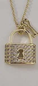 Authentic Lock and Key Necklace CZ Stones Gold Plated Metal 18" Adjustable Rolo Chain