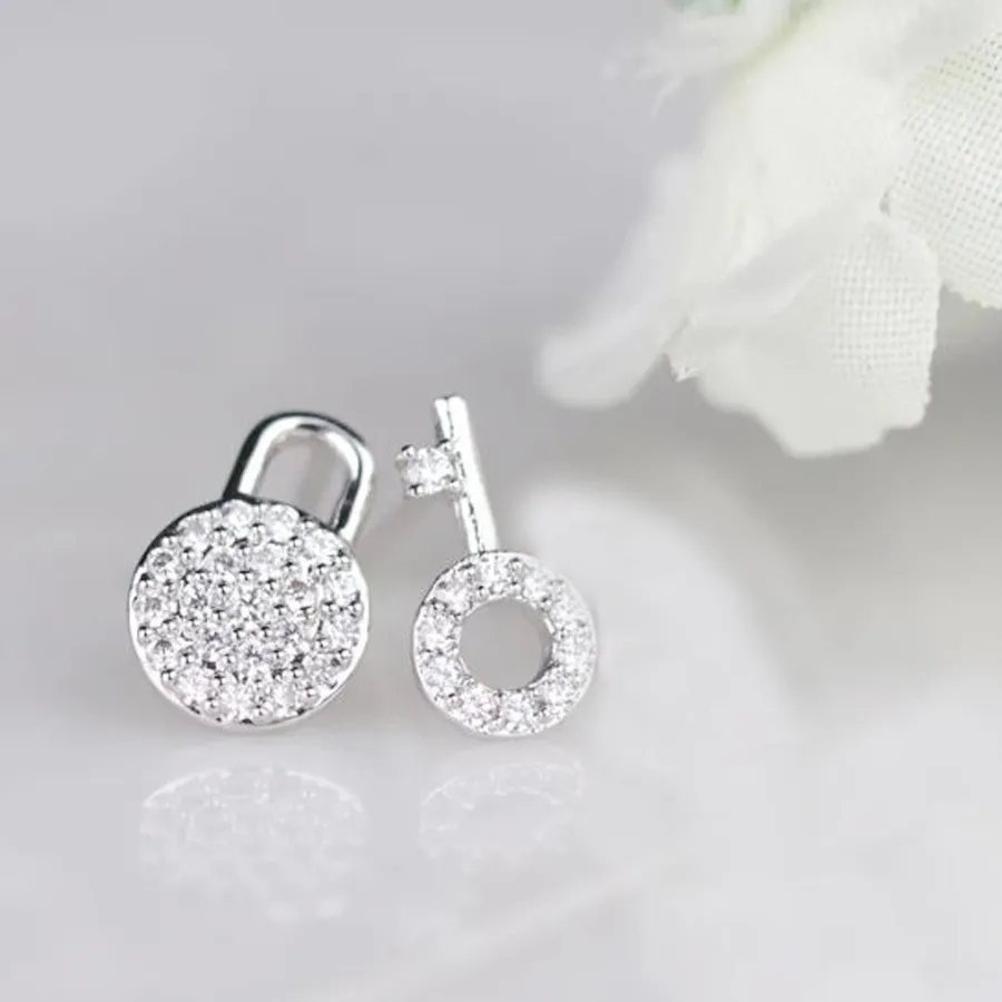 Authentic 0.12CT Real Moissanite Lock and Key Stud Earrings 14K White Gold Plated Silver