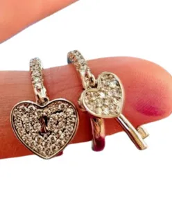 Authentic 18k WHITE GOLD Plated EARRINGS Heart Lock and Key CUBIC ZIRCONIA Dangle/Drop NEW