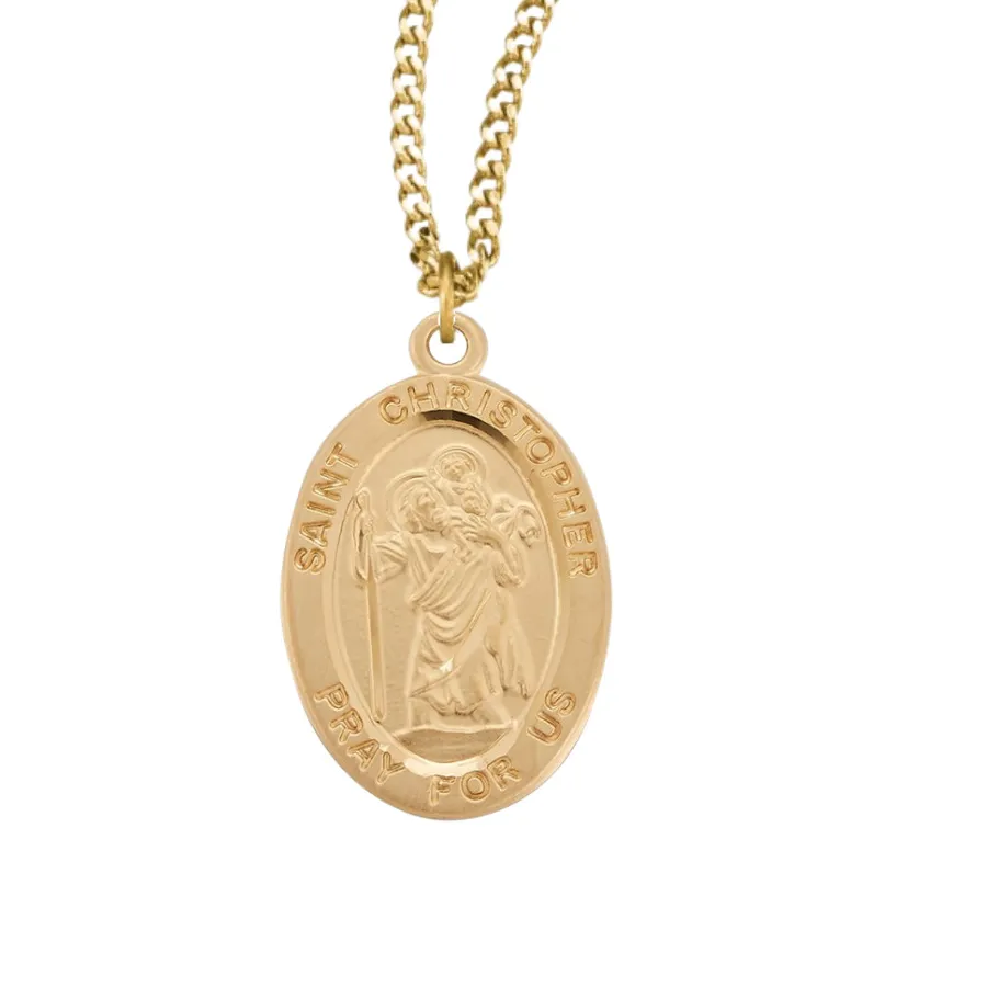 Authentic 16kt Gold Plated Sterling Silver Oval St Christopher Medal Necklace 20" Chain