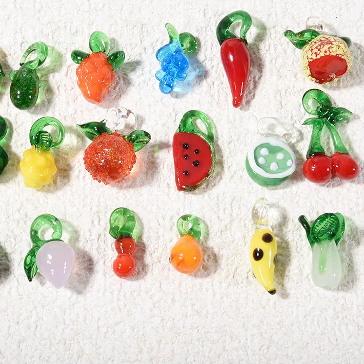 Authentic 16pcs/Lot Glass Fruits Vegetables Chili/Cherry/Cabbage/Watermelon/Peach/Apple/Lemon Charm Pendant Jewelry Accessories Bulk