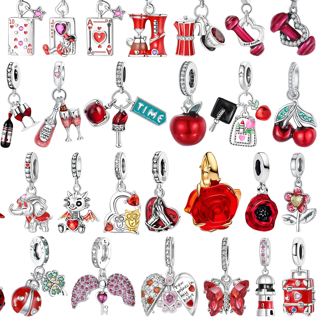 Authentic Original 925 Sterling Silver Red Series Charms Heart Butterfly Flowers Apple Beads Pendants Fit Bracelets DIY Fine Jewelry Gifts