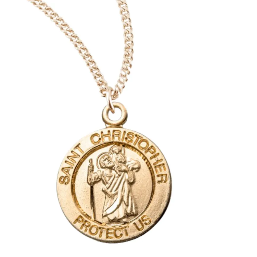 Authentic Patron St Christopher Round Gold Plated Sterling Silver Medal Necklace 18" Chain