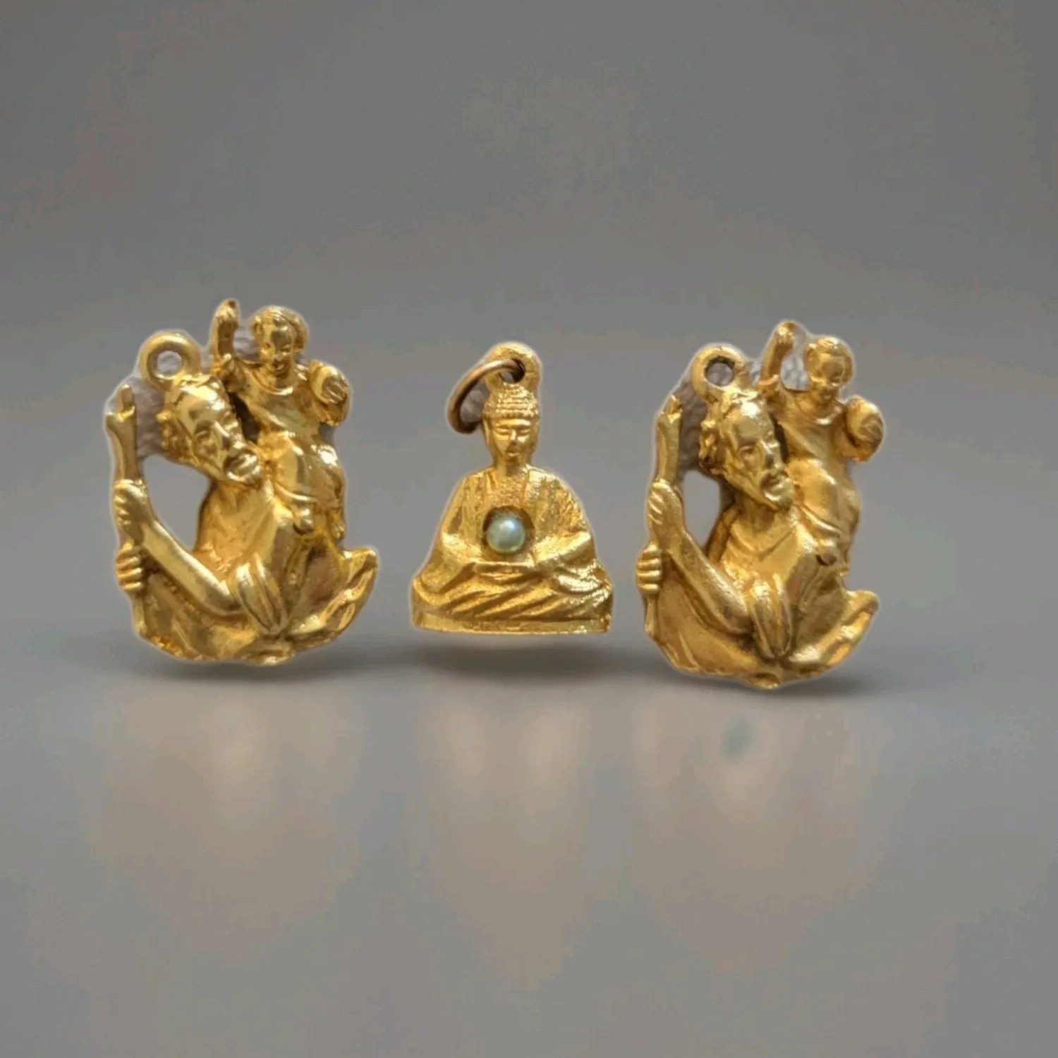 Authentic (2) Religious Jewelry Catholic St. Christopher & Buddha w/pearl 24k Gold Plated