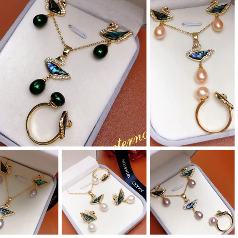 Authentic Natura 7-8mm Pearl 18KGP Abalone Swan Pendant Necklace Ring Earrings Set AAA