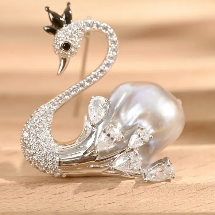 Authentic BELLUX S925 Pure Silver White Baroque Pearl Swan Brooch Zircon Gold-plated Light Luxury Elegant Jewelry Brooches