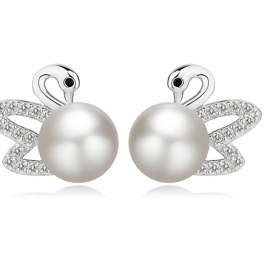 Authentic 925 Silver Needle Fresh Water Swan Earrings For Women Korean Jewelry 2025 Trending Luxury Animal Pearl Stud Earrings