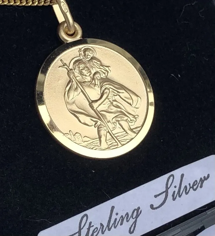 Authentic St Christopher Pendant Sterling Silver 9ct Gold Plated 18” Chain UK Supply Boxed
