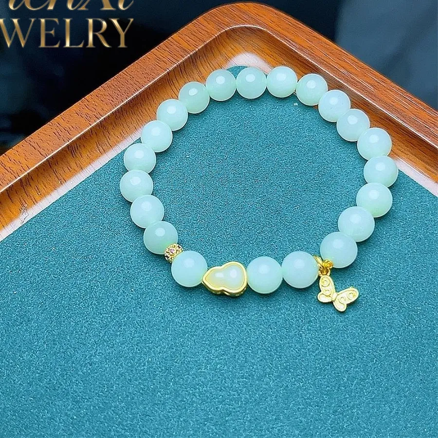 Authentic Natural Hetian Bluish-White Jade Butterfly-Shaped And Gourd Bracelet Luxury Quality Fine Jewelry Exquisite Elegant