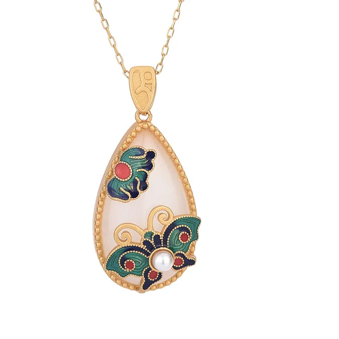 Authentic Enamel Butterfly Pendant Necklace Inlay Imitation Hetian Jade Jewelry Vintage for Women