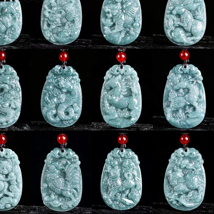 Authentic Natural Jadeite Blue Water Zodiac Ox Rooster Dragon Tiger Pendant Simple Men and Women Jade Necklace Lucky Amulet