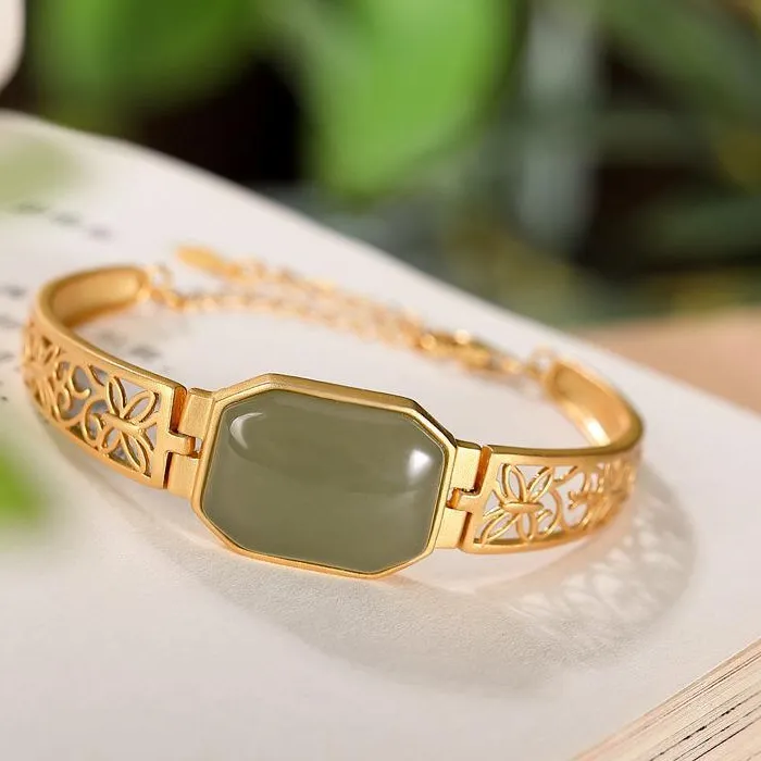 Authentic Original design ancient gold craft Hetian jade green hollow butterfly bracelet retro personality light luxury ladies jewelry