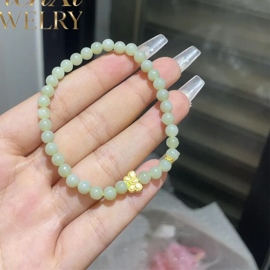 Authentic High-end Natural Hetian Jade Clear Water Butterfly Round Bead Bracelet Luxury Quality Fine Jewelry Exquisite Elegant
