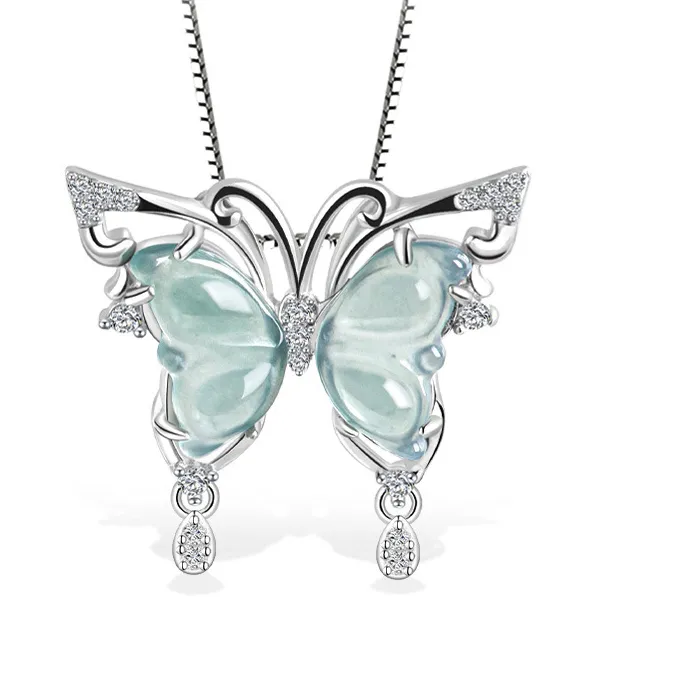 Authentic Authentic Natural A-grade Jadeite Blue Water Butterfly Pendant Ice Jade S925 Silver Inlaid Women's Fashionable Ring Earrings