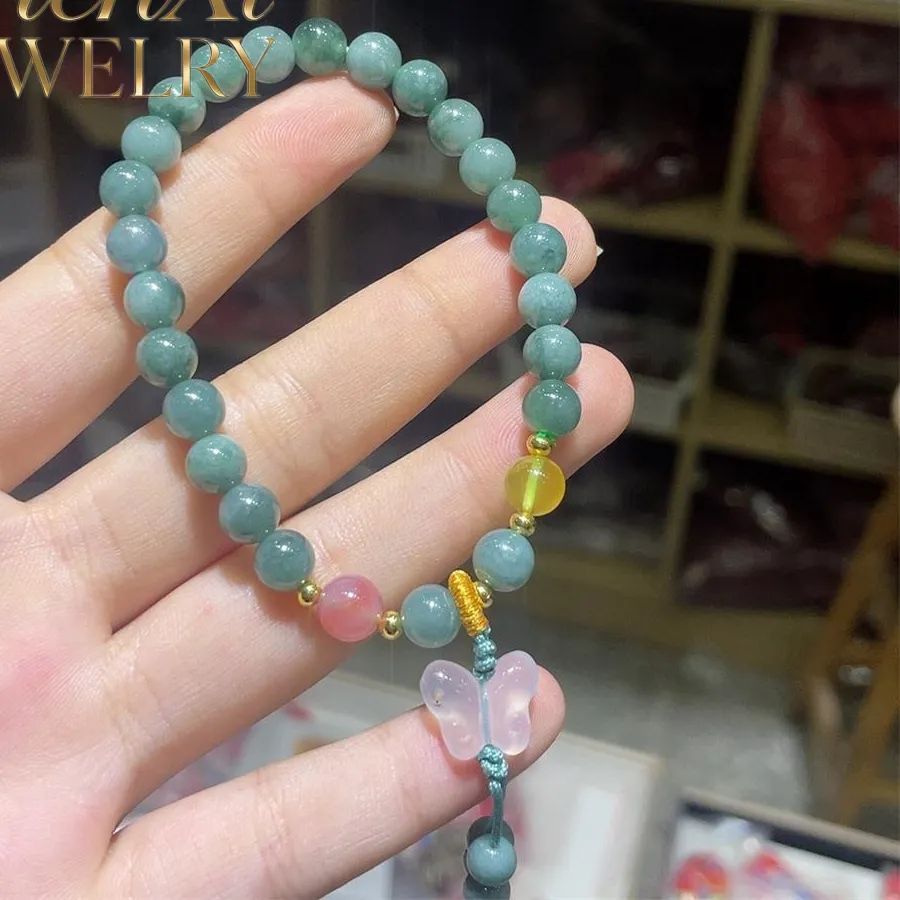 Authentic High-End Natural Blue Water Jadeite Round Beads-Butterfly Bracelet Luxury Quality Fine Jewelry Exquisite Elegant Popular