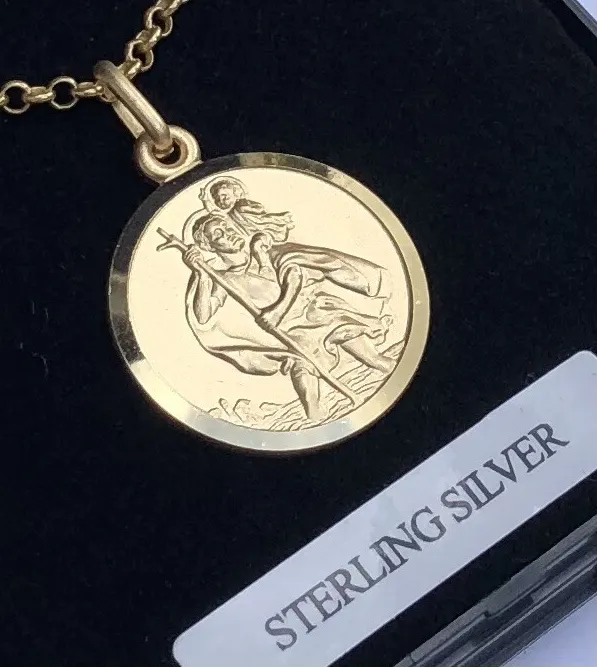 Authentic St Christopher Pendant 22” Chain Sterling Silver 9ct Gold Plated UK Supply Boxed