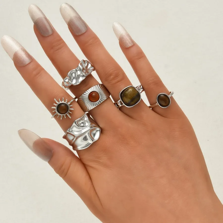 Authentic 6 Pcs Set Vintage Tiger Eye Stone Ring Set for Women Fashion Gold Color Irregular Sun Flower Open Rings Boho 2026 Jewelry Gifts
