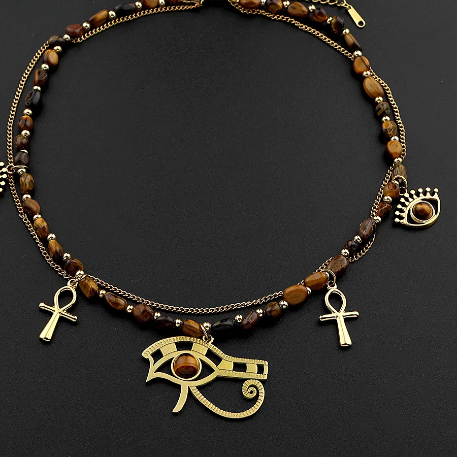 Authentic Boho Irregular Tiger Eye Stone Ankh Cross Eye of Horus Evil Eye Double-layer Choker Necklace Gold Color Jewelry