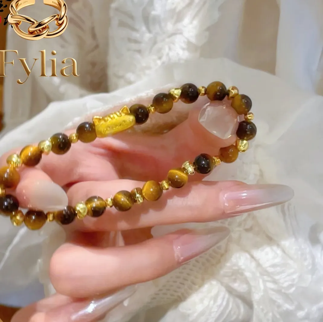 Authentic Fylia Jewelry   9999 national trend style baguette cat DIY tiger eye stone 24K real gold bracelet Ping  kitten women's  niche ex